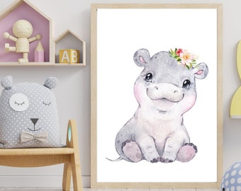 Baby Hippopotamus Watercolor Print, Nursery Wall Art, Africa Safari Cute Animal Decor, Kids Baby Room Poster, Girl, Watercolor Flower, hippo