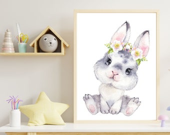 Cute Bunny Rabbit Watercolor Print perfect as Nursery Wall Art, cute farm and countryside animal with flowers made in watercolor, jpg or png