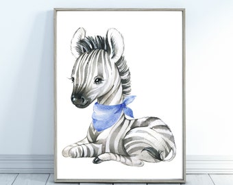 Cute little baby zebra will fit in your baby boy's safari nursery. Made with watercolor and digital painting. Printable digital download