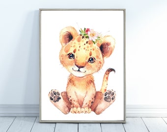 Baby Lioness Watercolor Print, Nursery Wall Art, Africa Safari Cute Animal Decor, Kids Baby Room Poster, Boy Girl, Watercolor Flower, Cubs