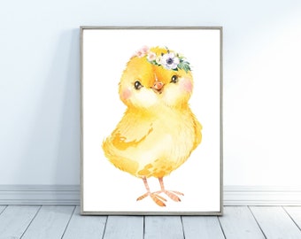 Cute Baby Chick Watercolor Print perfect as Nursery Wall Art, cute farm and countryside animal with flowers made in watercolor, jpg or png