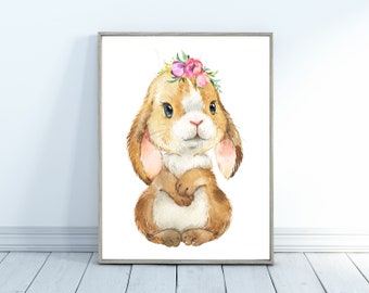 Cute Brown Bunny Rabbit with falling ears and flowers, Watercolor Print perfect as Nursery Wall Art, jpg or png