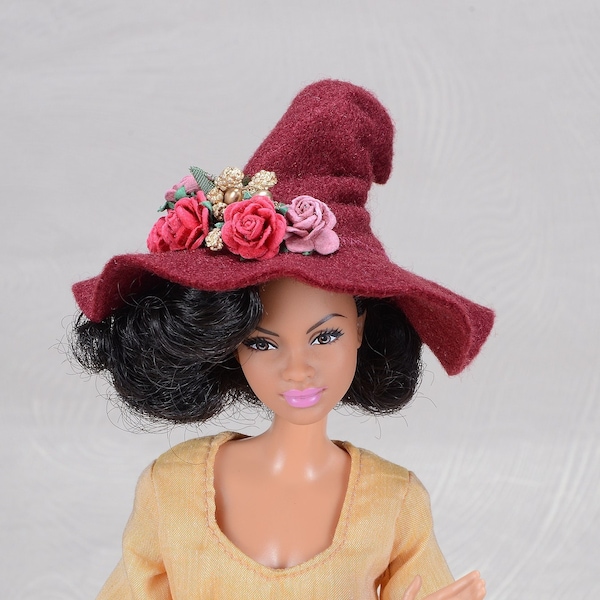 Kamelia Doll Fashion, Burgundy felt witch hat with paper roses for 12 inch fashion dolls, 1/6 scale witch hat for Halloween