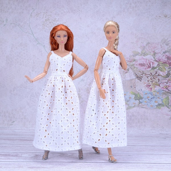 Kamelia Doll Fashion, Long white boho dress for 12 inches fashion dolls with regular/tall body type, doll casual summer dress, 1/6 scale