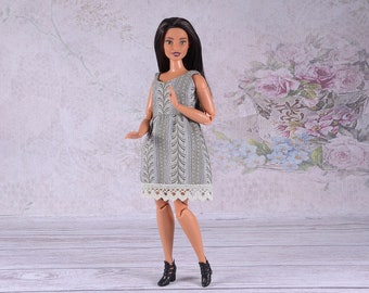 Kamelia Dolls, Midi spring green dress for 12 inches fashion dolls with curvy body type, doll casual summer dress, 1/6 scale
