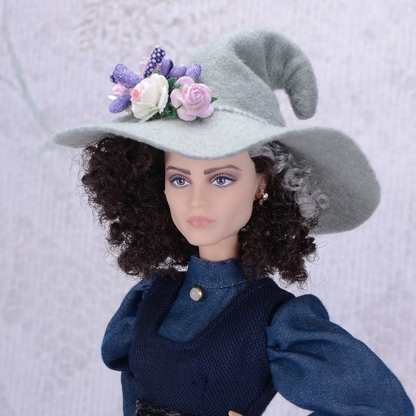 Kamelia Doll Fashion, Light grey felt witch hat with pink paper flowers for 12 inch fashion dolls, 1/6 scale witch hat for Halloween