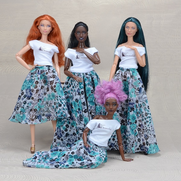 Kamelia Doll Fashion, Skirt with sea blue flowers for 12/10,5 inches fashion dolls, 1/6 scale chiffon skirt, different sizes