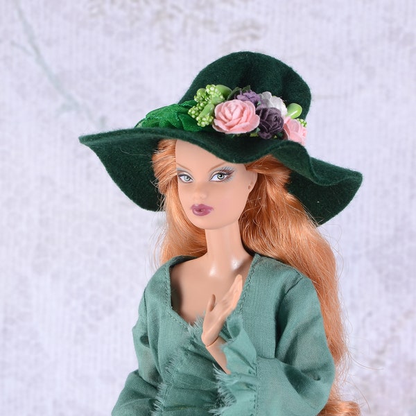 Kamelia Dolls, Dark green felt hat with pink paper and purple roses and ribbon for 12 inch fashion dolls, 1/6 scale witch hat for Halloween