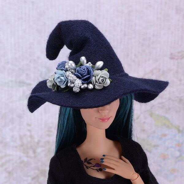 Kamelia Dolls, Navy blue felt witch hat with blue and silver paper flowers for 12 inch fashion dolls, 1/6 scale witch hat for Halloween