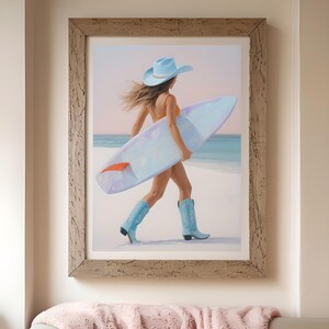 Surfer cowgirl kunst aan de muur, trendy kunst aan de muur, cowboy slaapzaal poster, Coastal Cowgirl afdrukbare muurkunst, girly digitale download, decor strandkamer
