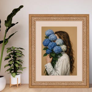 Blauwe hortensia schilderij, vintage bloemsierkunst print, romantische kunst digitale download, Cottagecore afdrukbare muurkunst, zachte boerderij decor