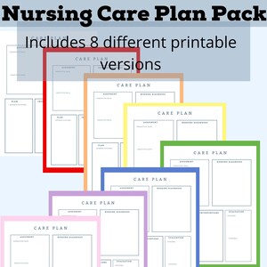 May include: Eight printable nursing care plan templates in different colors. Each template includes sections for assessment, nursing diagnoses, plan, interventions, and evaluation.