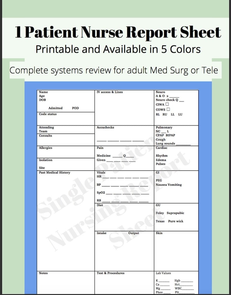 Nursing Report Sheet RN Template Etsy