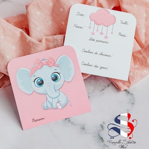 Cartes pronostics bébés personnalisé éléphant rose et bleu, carte naissance, baby shower, jeu grossesse,carte prédiction bébé, gender reveal