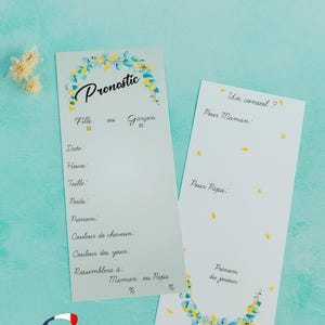 Cartes pronostics bébés personnalisé vert sauge et citron, carte naissance, baby shower, jeu grossesse, carte prédiction bébé, gender reveal