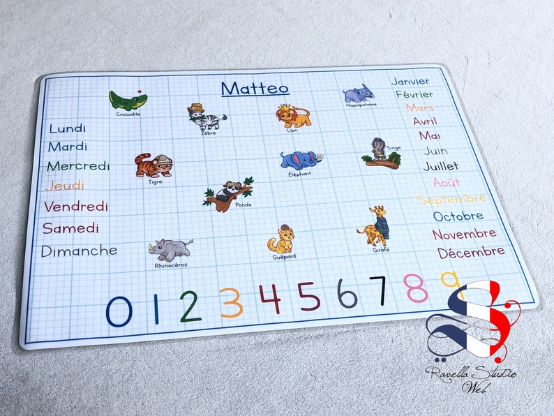 Set de table ludique maternelle CP, set de table personnalisé, set de table ludique, set de table enfant, set de table alphabet, set lettre BLEU JourMoisChiffre