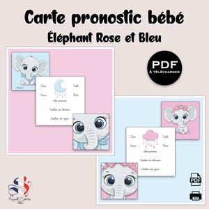 Cartes pronostics bébés éléphant rose et bleu, baby shower, carte prédiction bébé, jeu gender reveal, carte gender reveal à imprimer, pdf