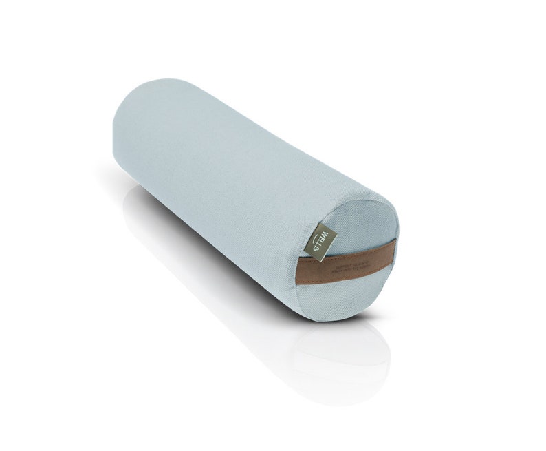 May include: A light blue cylindrical yoga bolster with a brown leather strap and a green label that says "Wild" on it.