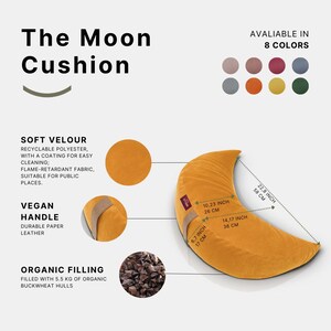 May include: Mustard-colored Moon Cushion, 22.8 inches long, made of soft velour with organic buckwheat hull filling. Features a vegan handle and is available in 8 colors. The cushion is flame-retardant and suitable for public spaces.