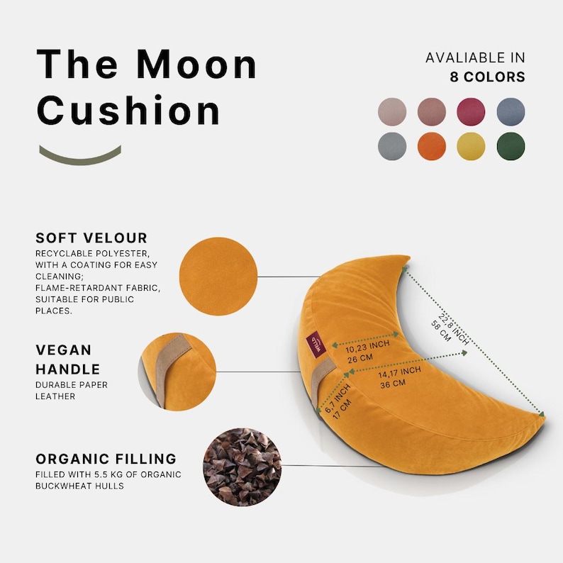 May include: Mustard-colored Moon Cushion, 22.8 inches long, made of soft velour with organic buckwheat hull filling. Features a vegan handle and is available in 8 colors. The cushion is flame-retardant and suitable for public spaces.
