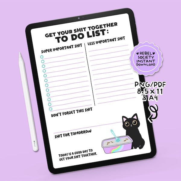Get Your Shit Together Cute To-Do List INSTANT DOWNLOAD Trendy Popular Digital Printable Planner Designs Bullet Journal Page Get Organized