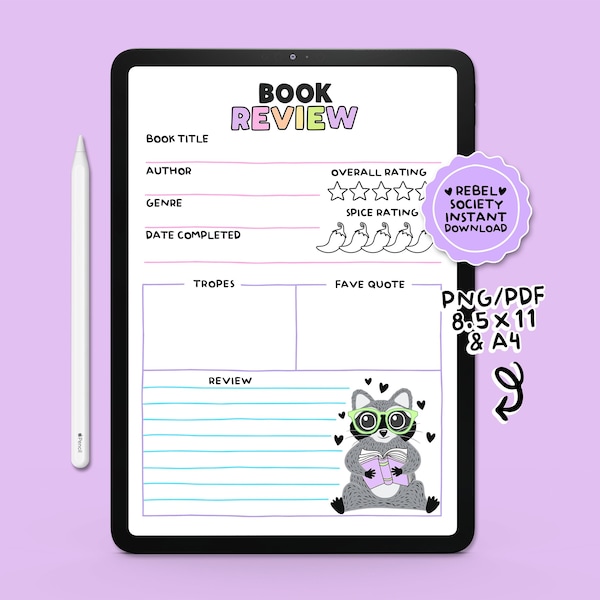 Book Review Printable INSTANT DOWNLOAD Trendy Popular Digital Planner Designs Bullet Journal Page Bookish Book Lovers Books Reading Smut