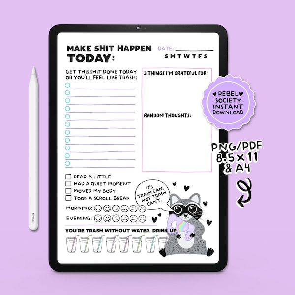 Trashy Raccoon To-Do List INSTANT DOWNLOAD Trendy Popular Digital Printable Planner Designs Bullet Journal Page Get Organized Dumpster Fire