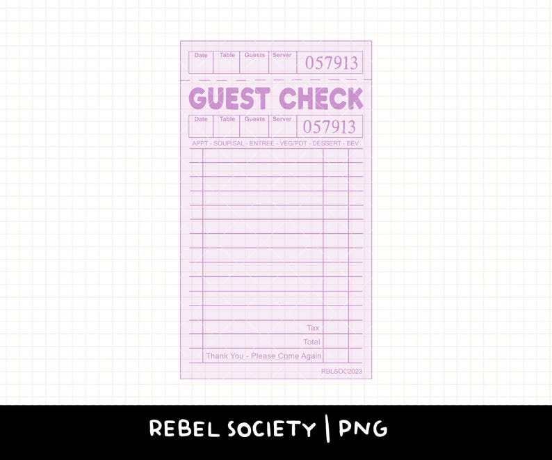 May include: A printable guest check template with a purple border and grid lines. The text "GUEST CHECK" is in large purple letters at the top. The check includes fields for date, table, guests, server, and a section for appetizers, soup/salad, entree, vegetables, dessert, and beverages. The bottom of the check includes fields for tax and total, and the text "Thank You - Please Come Again".