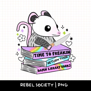 Retournez ces livres de bibliothèque PNG à la mode PNG Reading Smut Sticker PNG Tshirt Design Support bibliothèques publiques, carte de bibliothèque mignon couteau à opossum