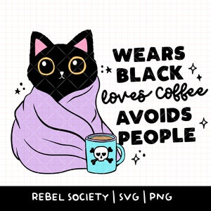 Veste Preto Ama Café Evita Pessoas SVG, Caveira Ossos Cruzados Introvertido Antissocial Arquivo de Corte Design de Adesivo para Camiseta, Gato Preto em Cobertor