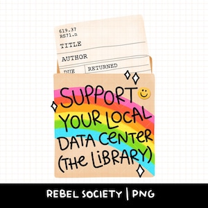May include: A tan library book pocket containing a checkout card with the text 619.37 RS71.n, TITLE, AUTHOR, DUE, and RETURNED. The pocket features a rainbow graphic, a yellow smiley face, and the black text SUPPORT YOUR LOCAL DATA CENTER (THE LIBRARY).