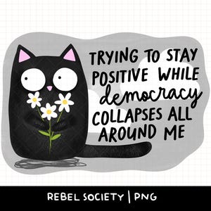 Puede incluir: Gato negro con ojos grandes sosteniendo un ramo de flores blancas. El texto dice: "Intentando mantenerme positivo mientras la democracia se derrumba a mi alrededor."
