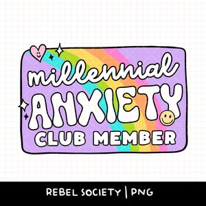 Könnte beinhalten: Lila und regenbogenfarbener Grafik mit dem Text "millennial anxiety club member" in Weiß. Die Grafik zeigt einen Regenbogen, ein Herz und ein Smiley.
