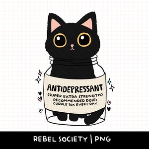 Diseños de camisetas con calcomanías PNG de moda, antidepresivos para gatos, concientización sobre la salud mental, amo a mi gato, sublimación, diseño de calcomanías PNG para gatos con ansiedad