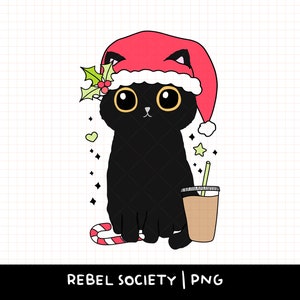 Iced Coffee Christmas Holiday Black Cat PNG Holly Jolly Christmas Santa Hat Smiley Candy Cane Cute Spooky Holiday Sticker T-shirt Designs