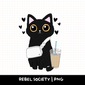 Black Cat-heuptas ijskoffie, trendy png-stijl, populaire png-bestanden voor T-shirts Leuke stickerontwerpen leuke populaire png-waterflesstickers