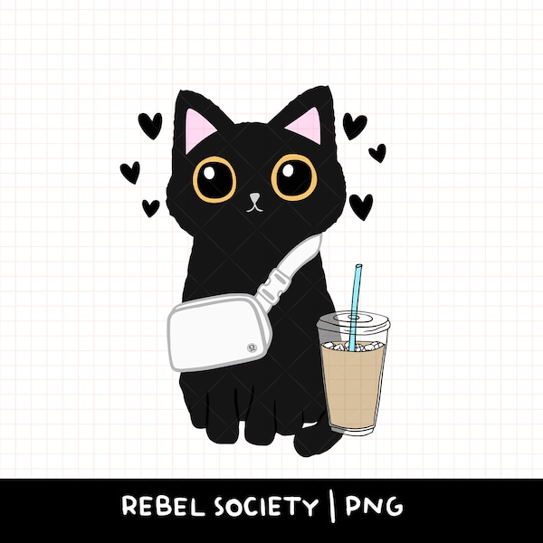 Black Cat Belt Bag Iced Coffee PNG Trendy PNG Designs Popular PNGs for T-Shirts Cute Sticker Designs Cute Popular PnG Water Bottle Stickers