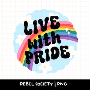 Op de afbeelding: Een regenboog met witte bloemen en de tekst "Live with Pride" in zwarte, vetgedrukte letters. De achtergrond is lichtblauw.