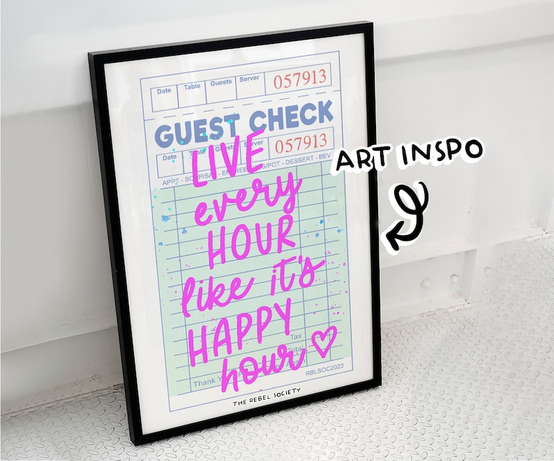 May include: A framed print with a green and white check design. The print features the text "LIVE every HOUR like it's HAPPY hour" in pink lettering with a pink heart.