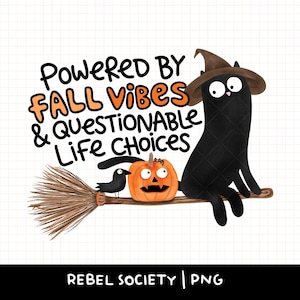 May include: A digital illustration featuring a black cat wearing a brown witch hat, sitting on a wooden broomstick next to a small orange jack-o'-lantern and a black bird. The text reads: POWERED BY FALL VIBES & QUESTIONABLE LIFE CHOICES.