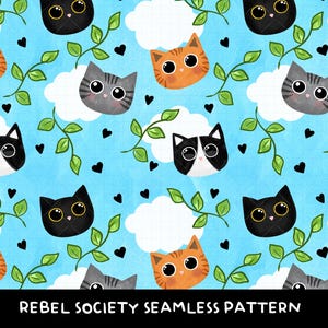 May include: A seamless pattern featuring a variety of cats with different colored fur and expressions. The cats are set against a blue background with white clouds and green vines. The pattern is perfect for use in a variety of creative projects.