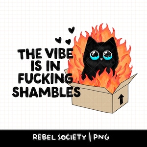 The Vibe is in Fucking Shambles PNG Chonky Black Cat PNG Cat Lady T-shirt autocollant Design Chat noir tendance populaire dans une boîte Dumpster Fire