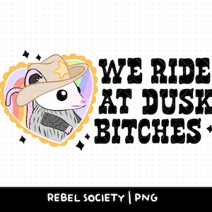 Opossum de cow-boy que nous montons au crépuscule chiennes PNG Western Cactus chapeau de cowboy poubelle feu esthétique tendance PNG Texas PNG populaire chemises autocollants