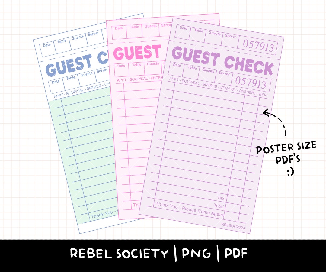 Blank Guest Check Poster Size PDF/PNG Printable Trendy PNG Designs