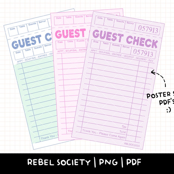 Blank Guest Check Poster Size PDF/PNG Printable Trendy PNG Designs Retro Restaurant Guest Check Receipt 12" across Scrapbooking Journaling