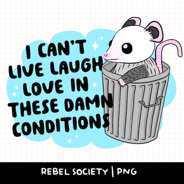 I Can't Live Laugh Love in These Damn Conditions PNG Cute Opossum Garbage Can Trash Can Trendy T-Shirt Sarcastic Popular Sticker Designs