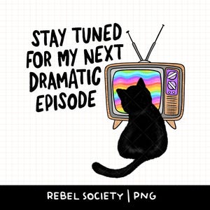 Puede incluir: Un gato negro se sienta frente a un televisor vintage con una pantalla de arcoíris. El texto "Stay tuned for my next dramatic episode" está escrito en negro sobre el televisor.