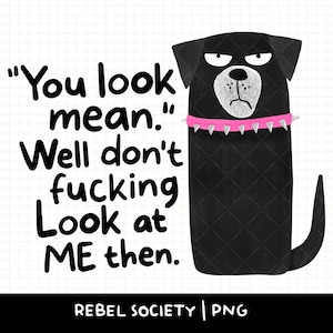 May include: A digital illustration of a black dog with an angry expression, wearing a pink studded collar. Text reads "You look mean. Well don't fucking Look at ME then." The image includes the text "REBEL SOCIETY | PNG".