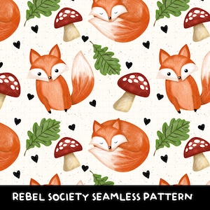 Renard des bois champignons magiques modèle sans couture Kindle Insert Design fichier PNG papier numérique motif répétitif imprimable tendance feuilles de chêne mignon