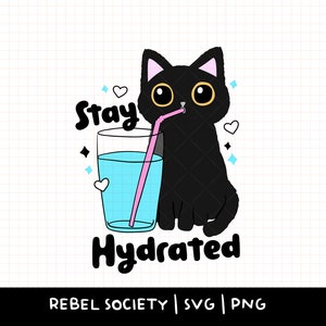 Restez hydraté bouteille d'eau autocollant SVG chat noir coeurs SVG SVG tendance, buvez votre eau dessins mignons populaires fichiers coupe SvG